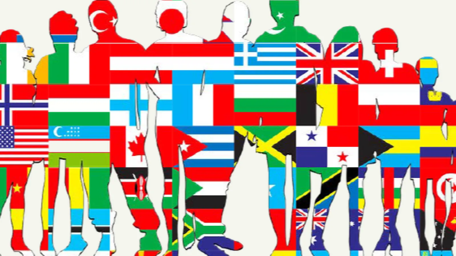Image with a line of people in different sizes- they are sillouhettes but their bodies are filled with colorful maps. 