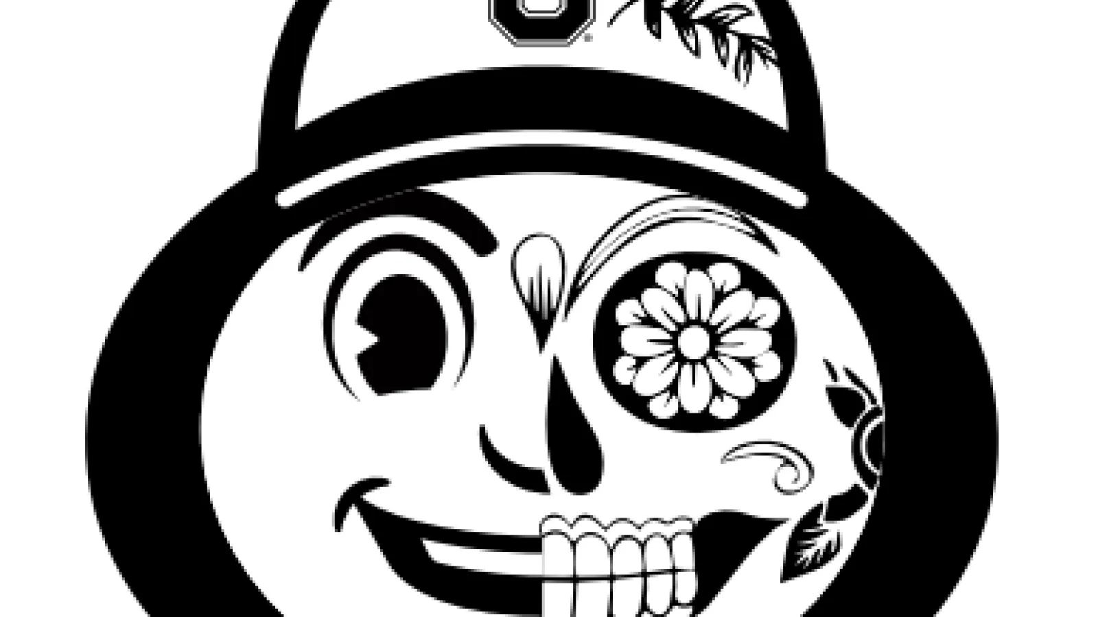 Black and white image of a head: Brutus Buckeye makes up the left hemisphere, and a flower skull makes up the right hemisphere