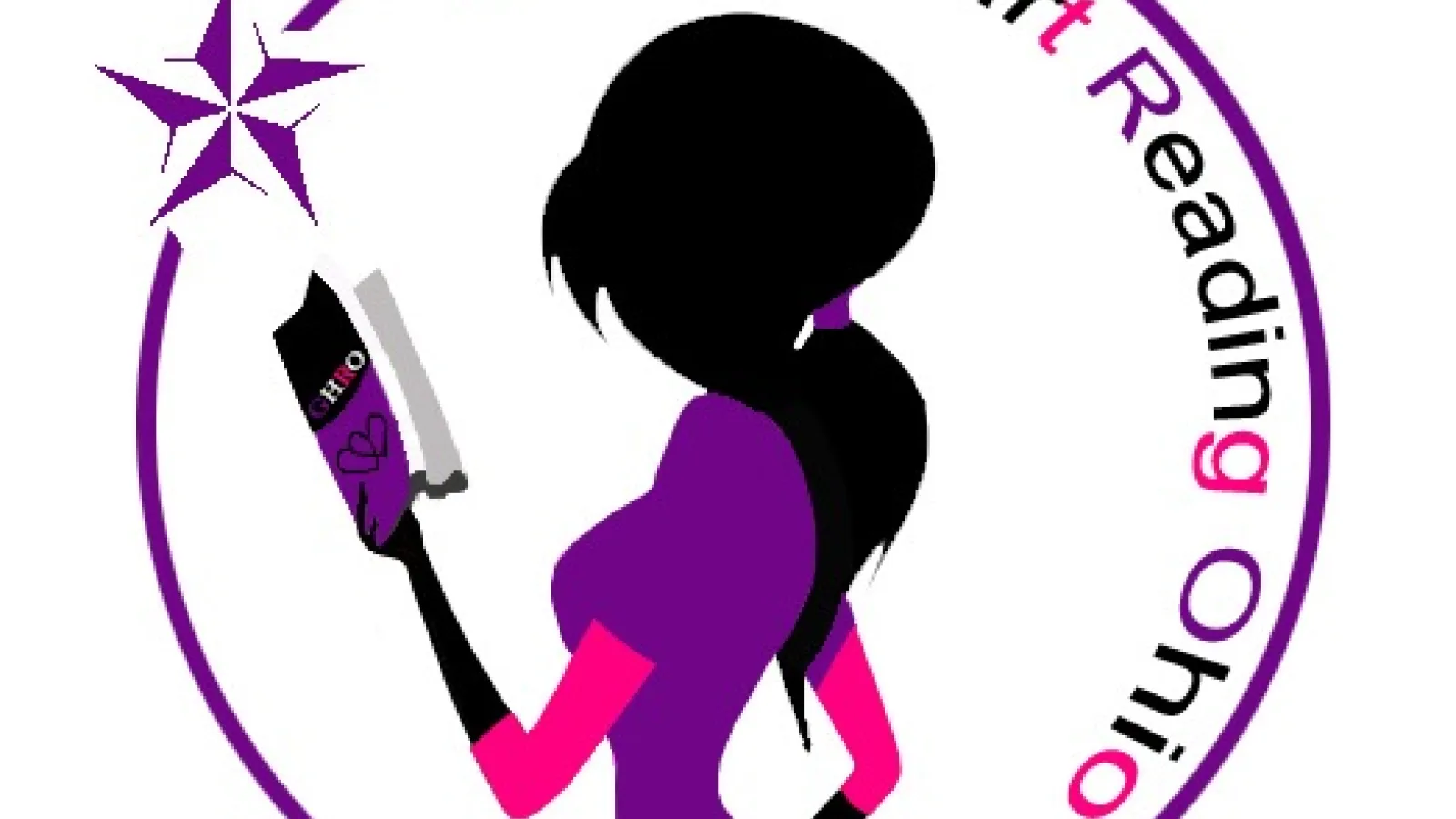 Girls Heart Reading Ohio logo - silhouette of a girl holding a book in black and purple