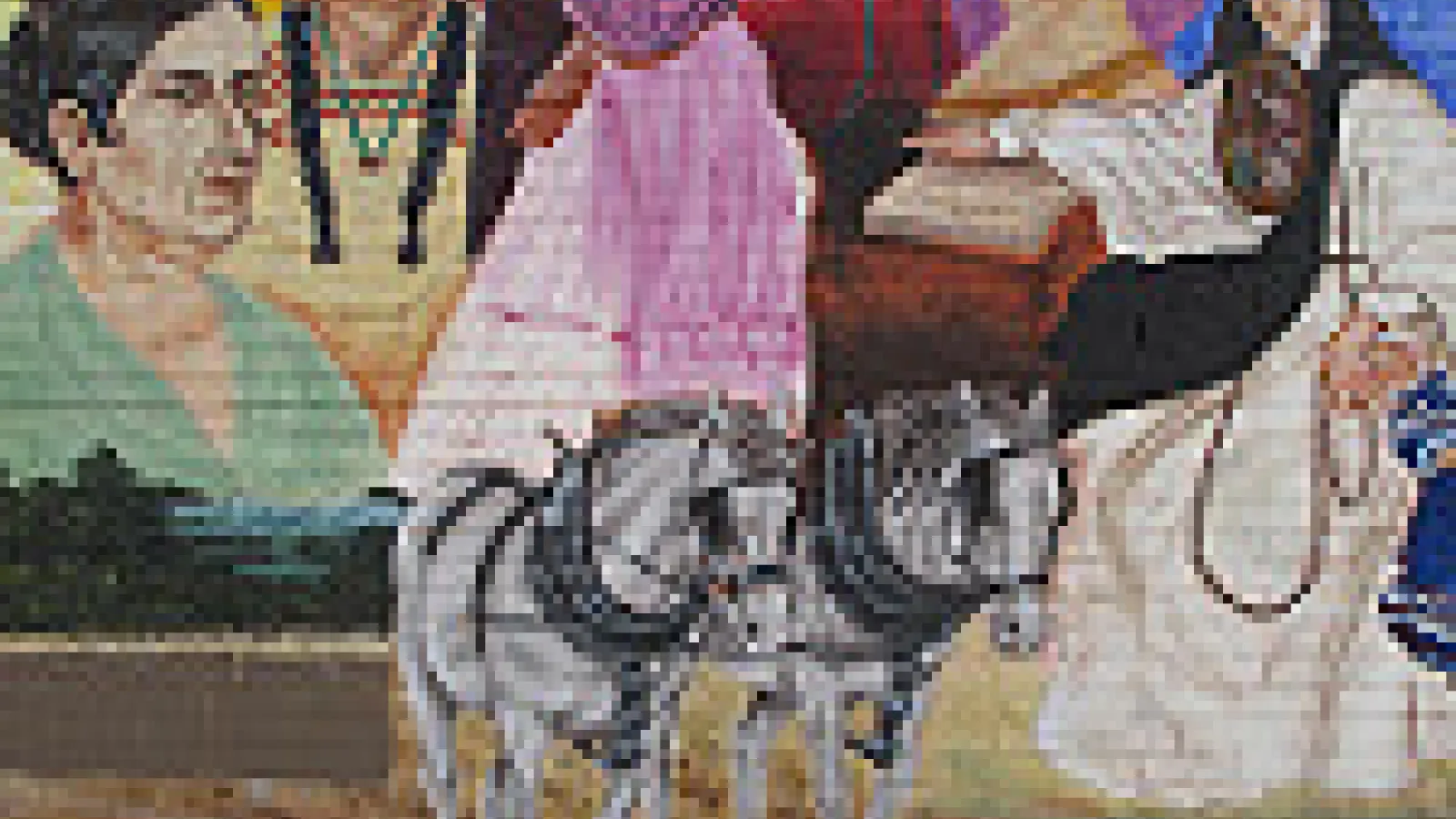 Pilsen mural showing five latinx women and two draft horses.