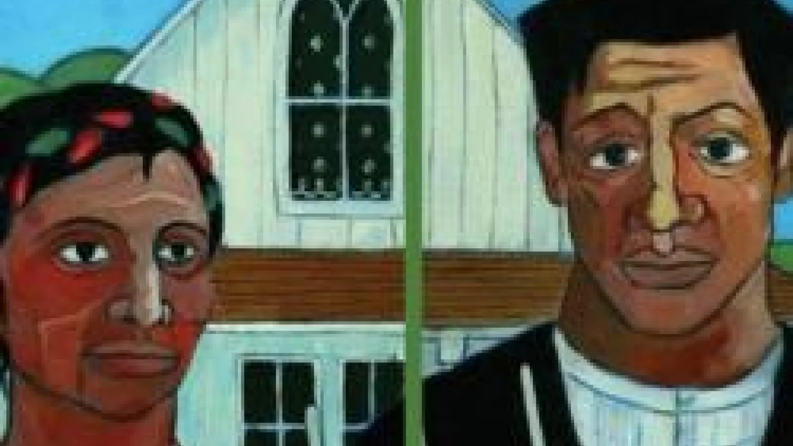 A painting of a latinx man and woman standing in front of a barn
