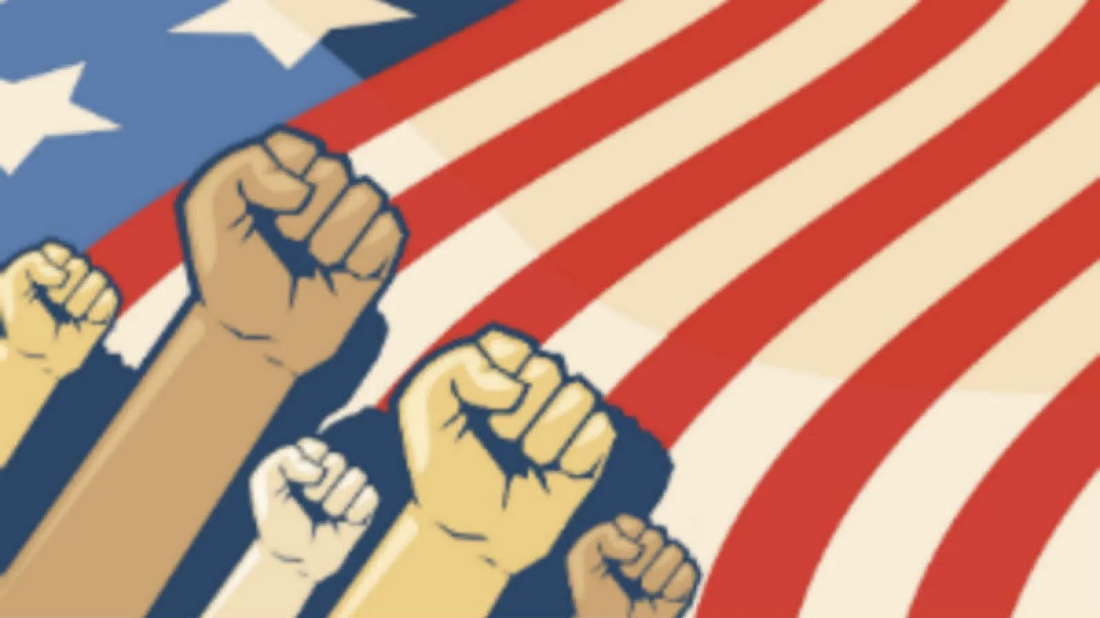 Fists of different colors in front of the American flag. 