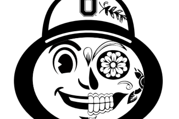 Black and white image of a head: Brutus Buckeye makes up the left hemisphere, and a flower skull makes up the right hemisphere