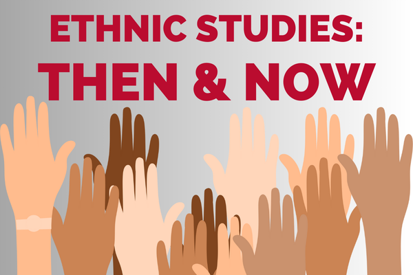 Raised hands with text reading "ethnic studies then and now"