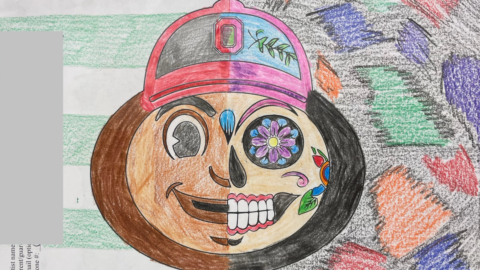 The Brutus Coloring Contest image of half brutus, half sugar skull, with the image hand-colored in with crayons and/or markers
