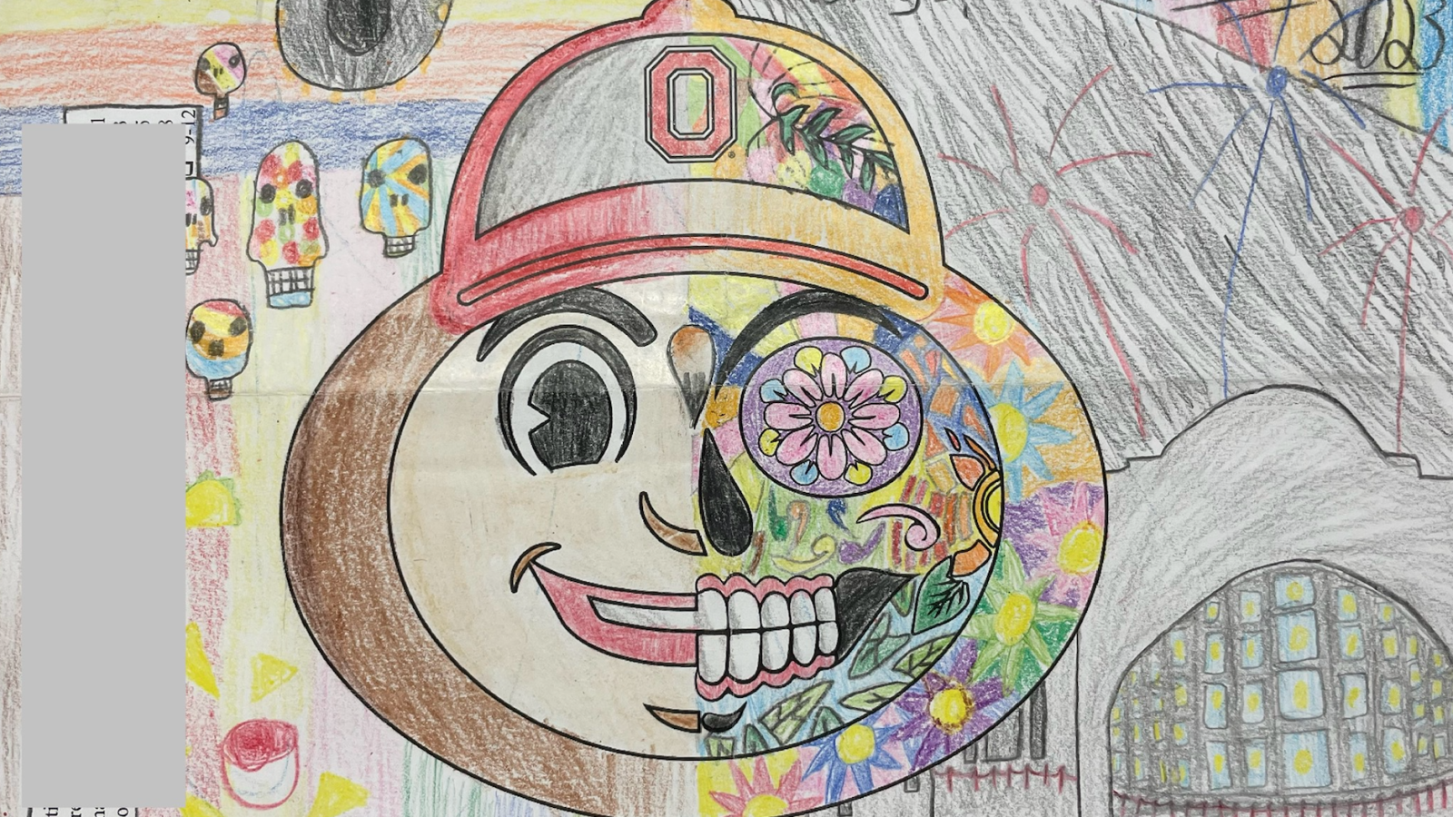 The Brutus Coloring Contest image of half brutus, half sugar skull, with the image hand-colored in with crayons and/or markers